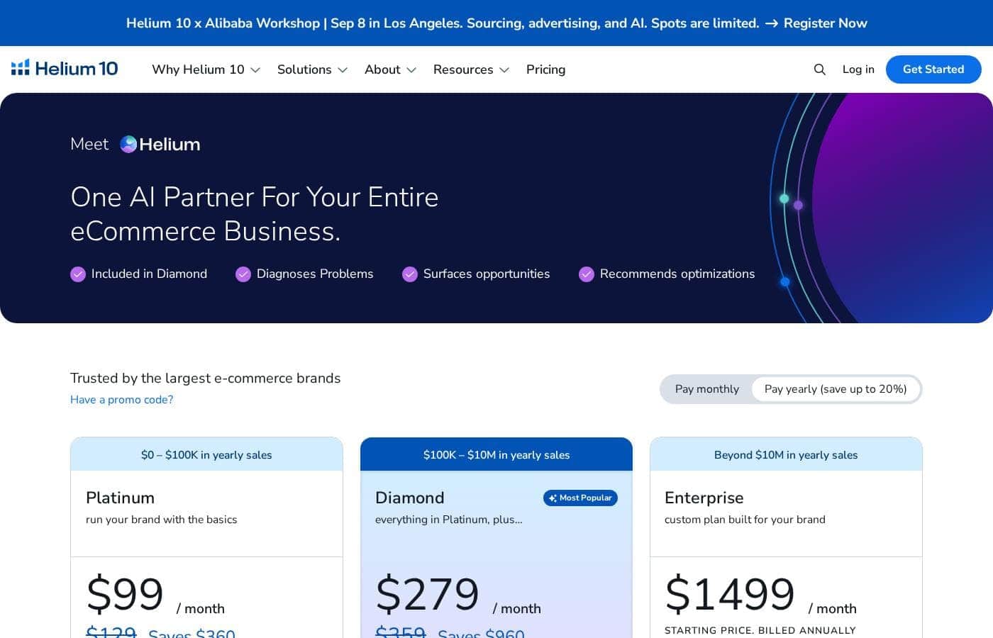 Helium 10 pricing page screenshot