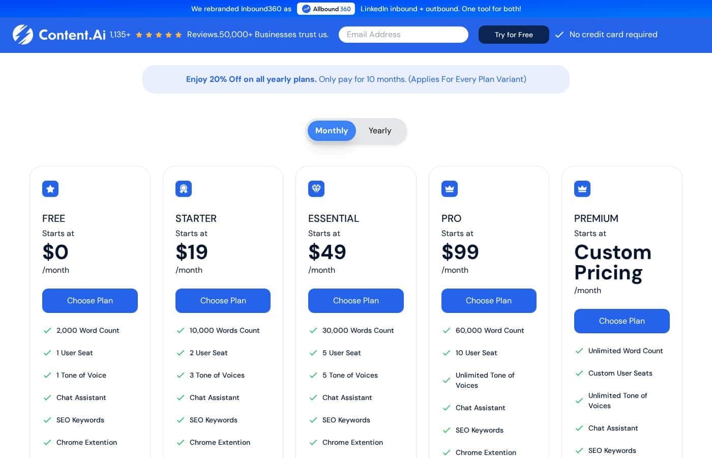 GoZen Content AI pricing page screenshot