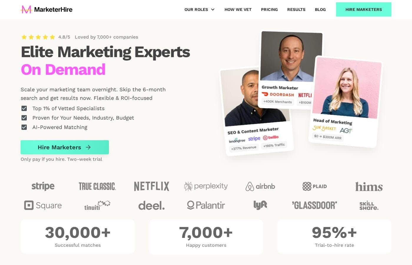 MarketerHire homepage screenshot