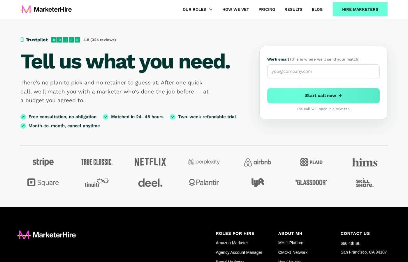 MarketerHire pricing page screenshot