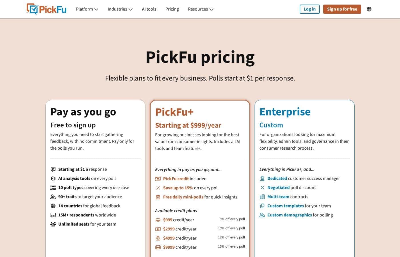 PickFu pricing page screenshot