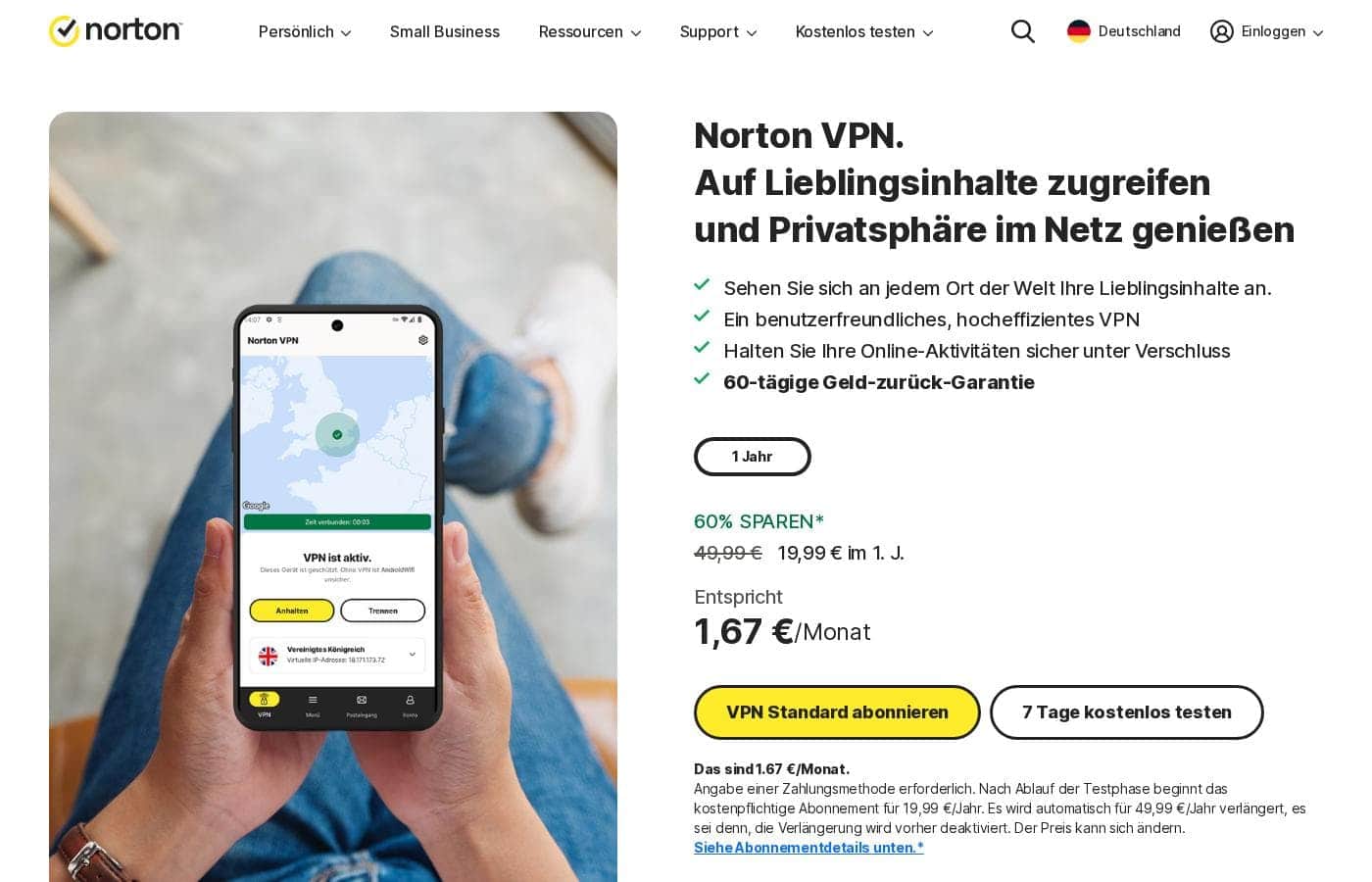 Norton VPN pricing page screenshot