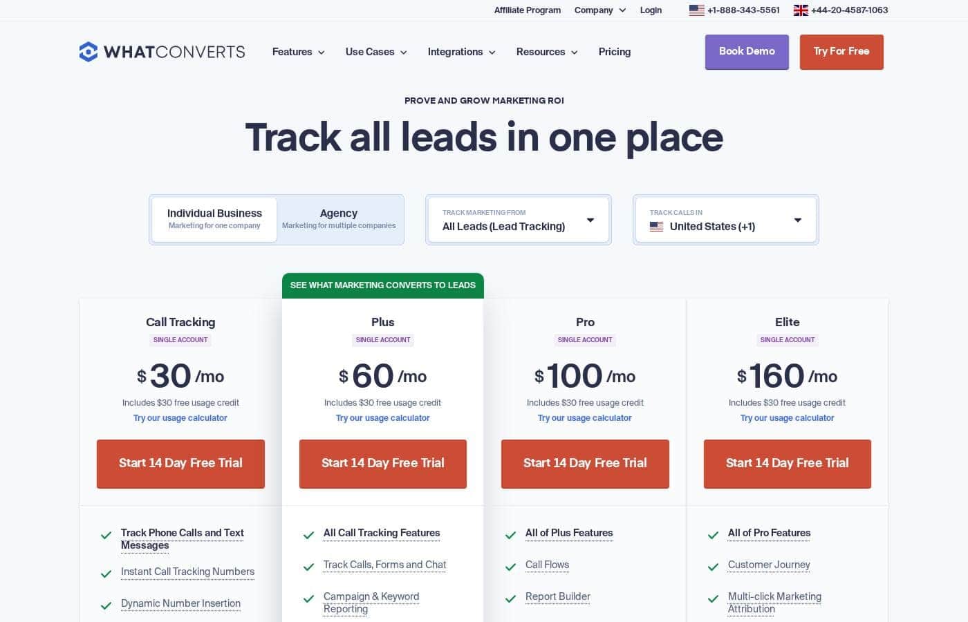 WhatConverts pricing page screenshot