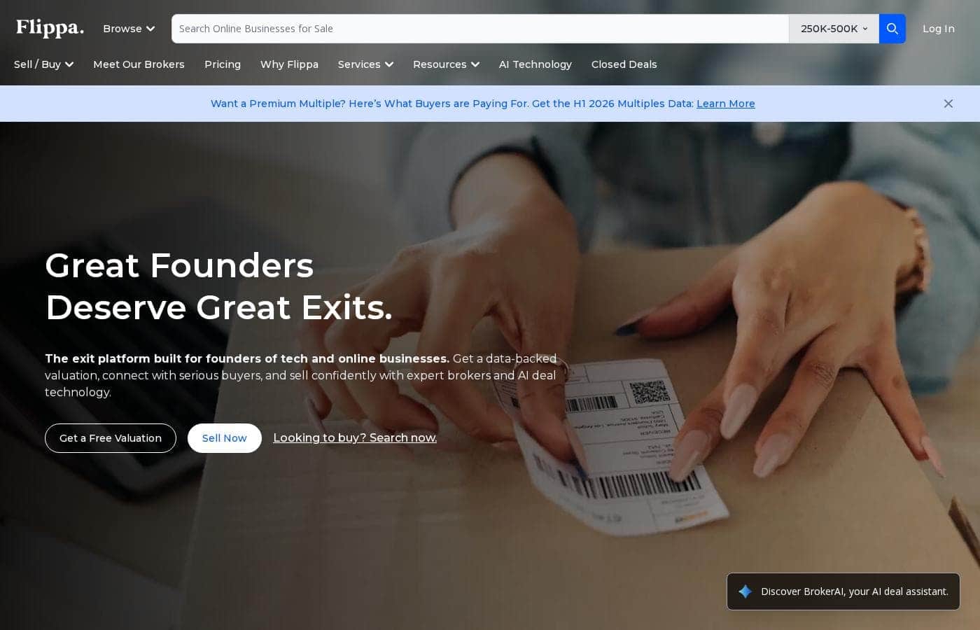 Screenshot della homepage di Flippa