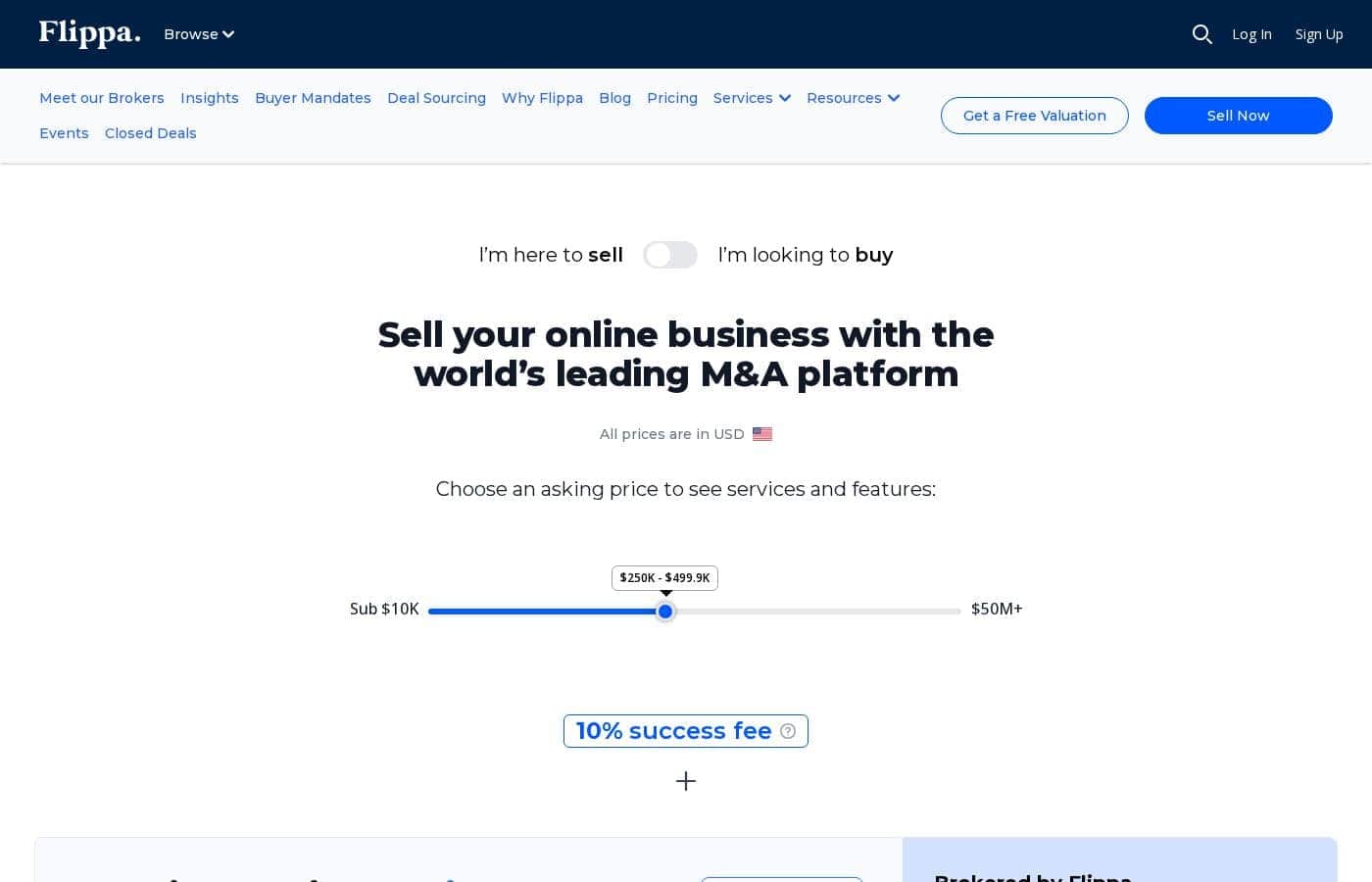 Screenshot della pagina prezzi di Flippa