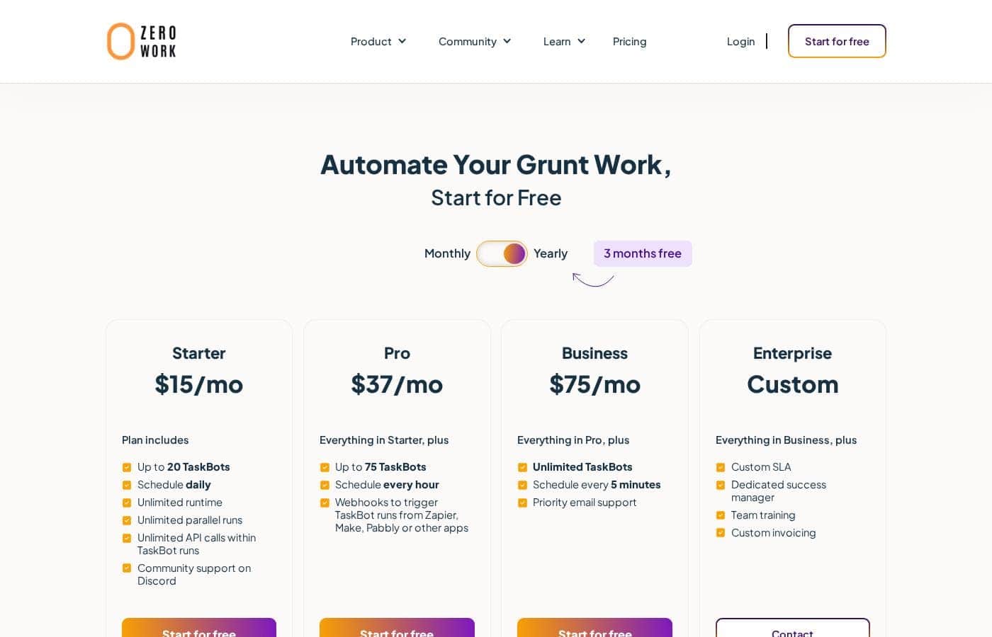 ZeroWork 가격 페이지 스크린샷