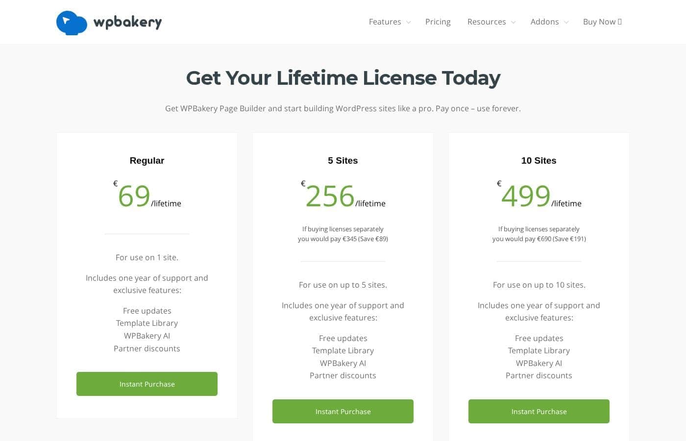 WPBakery 가격 페이지 스크린샷