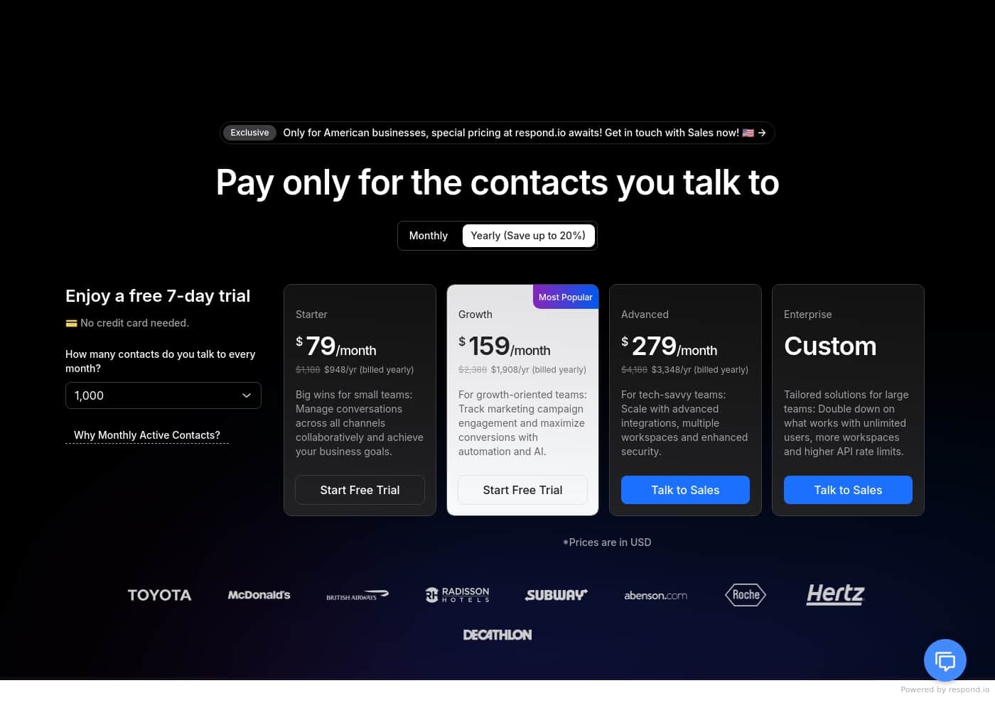 respond.io pricing page screenshot