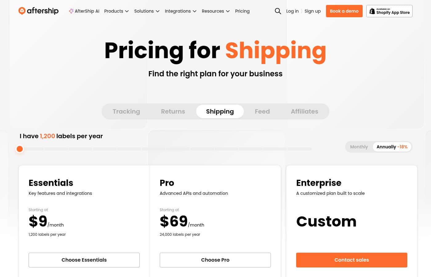Screenshot della pagina prezzi di AfterShip Shipping