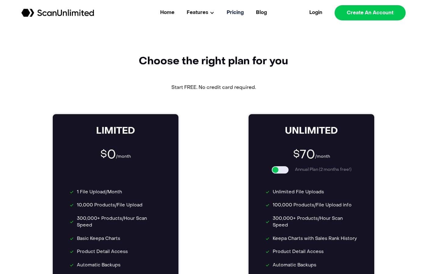 ScanUnlimited pricing page screenshot