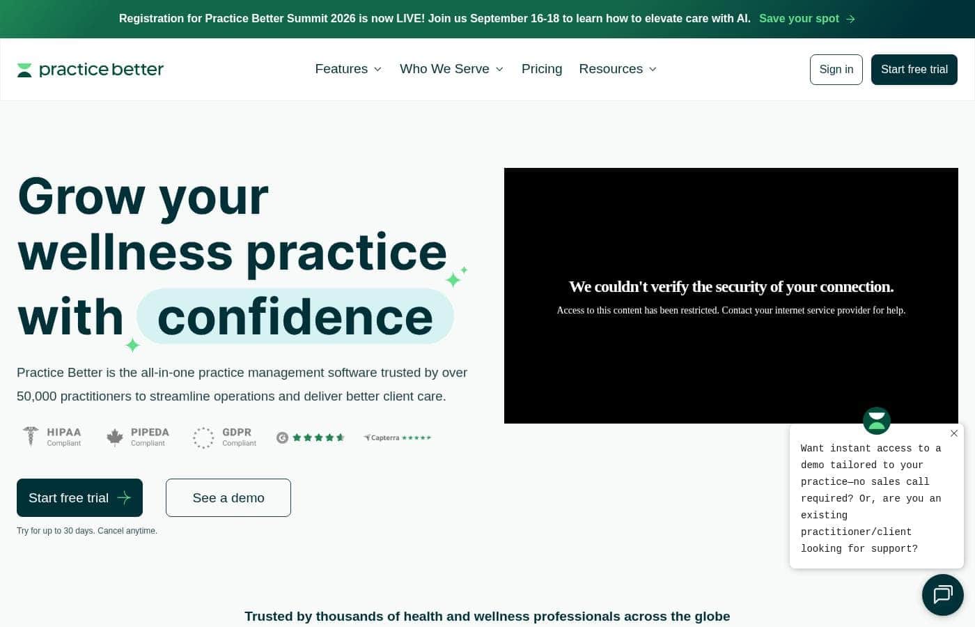 Practice Better homepage screenshot