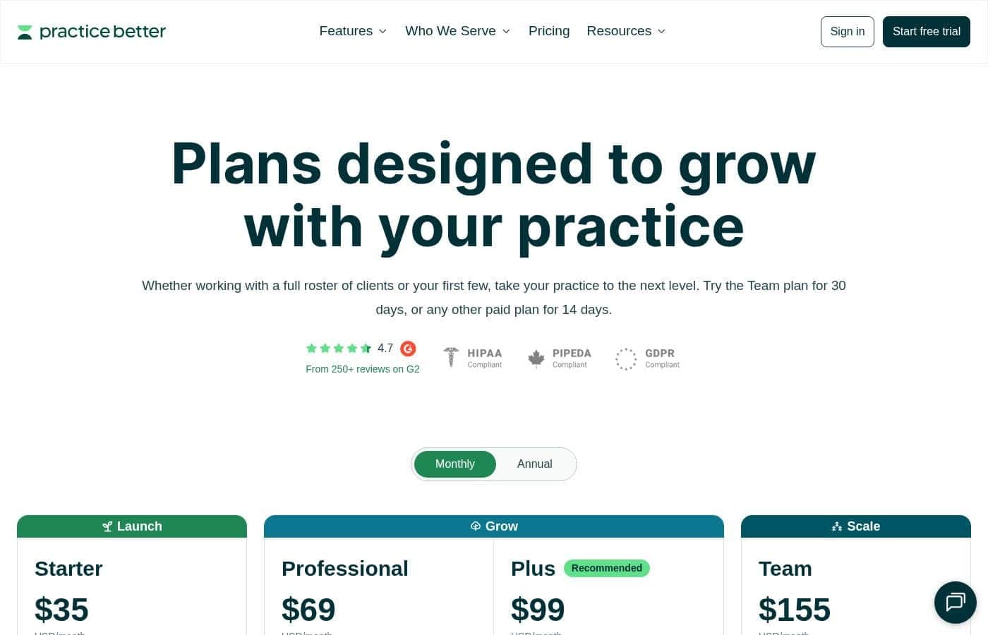 Practice Better pricing page screenshot