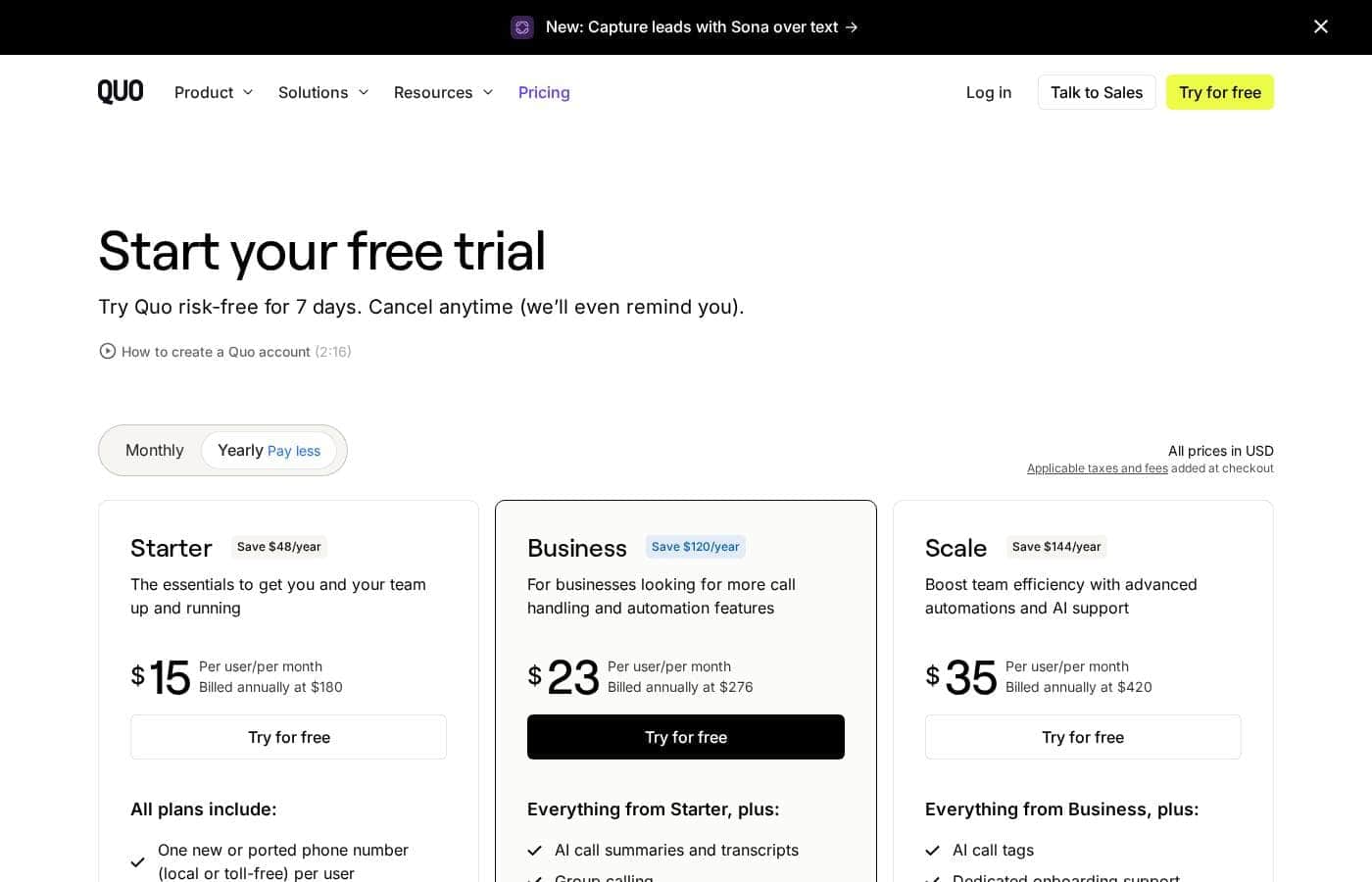 OpenPhone pricing page screenshot