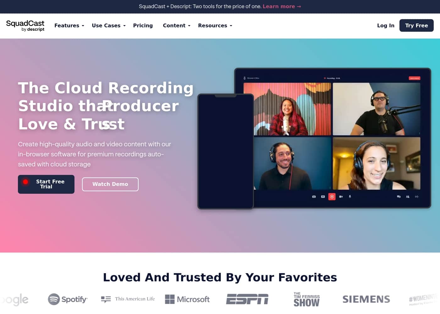 SquadCast homepage screenshot