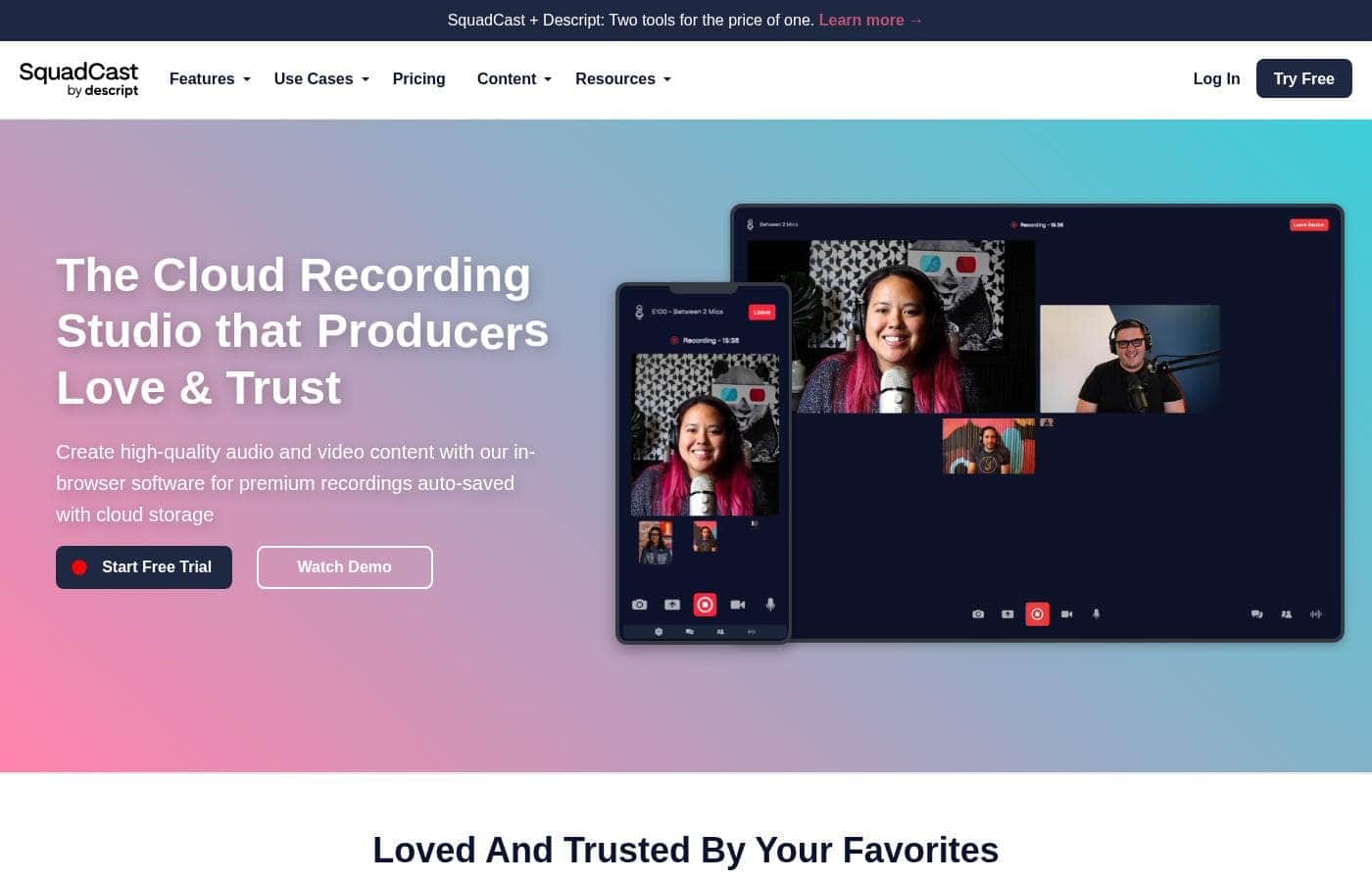 SquadCast Homepage-Screenshot