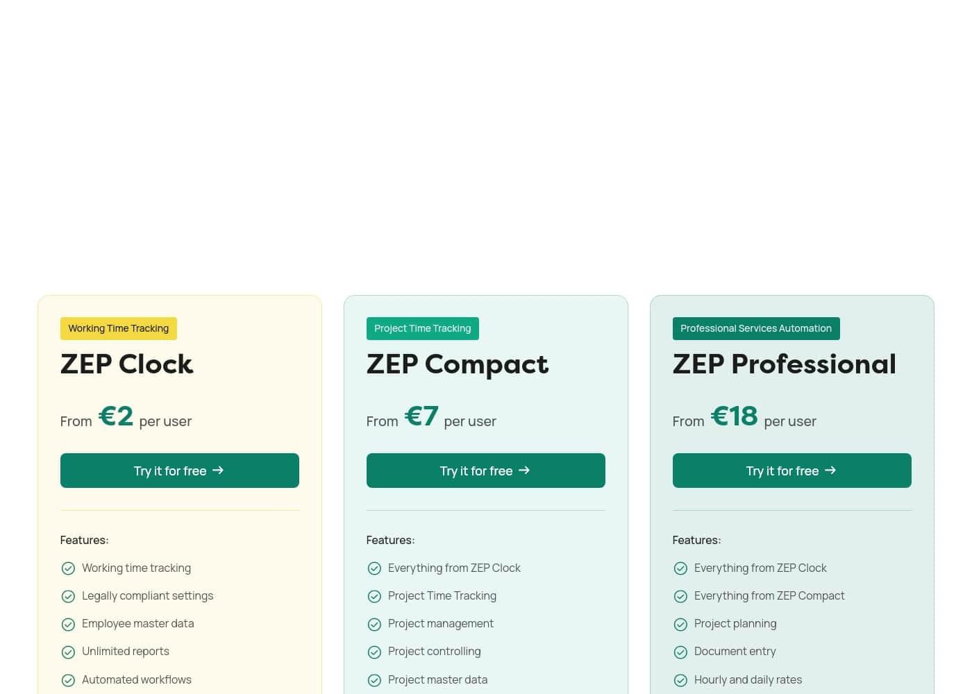 ZEP pricing page screenshot
