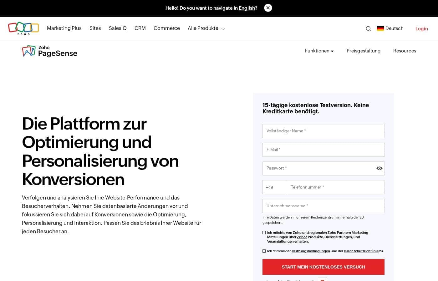 Zoho PageSense homepage screenshot