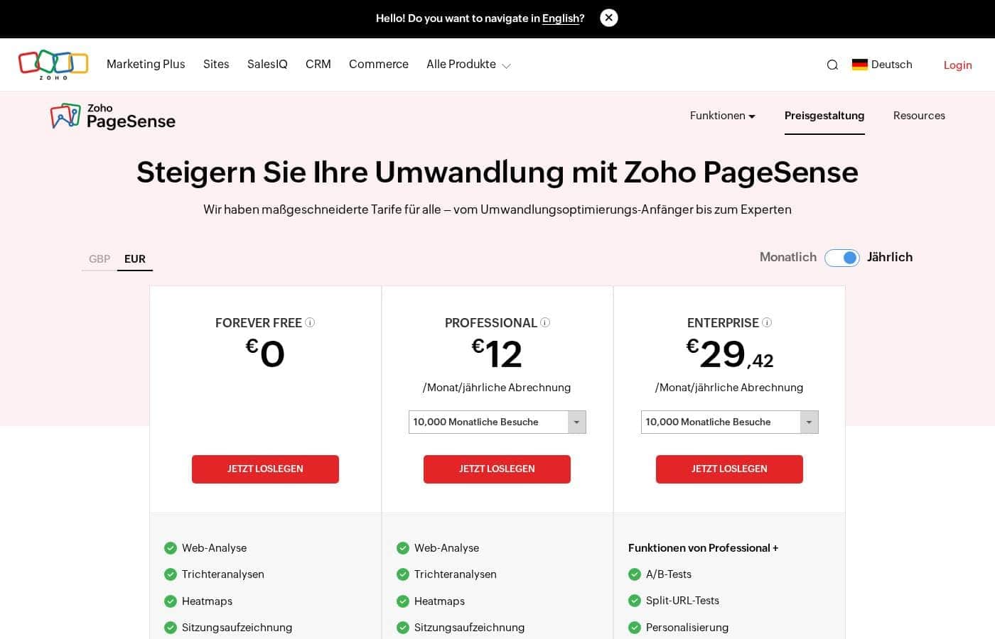Zoho PageSense pricing page screenshot