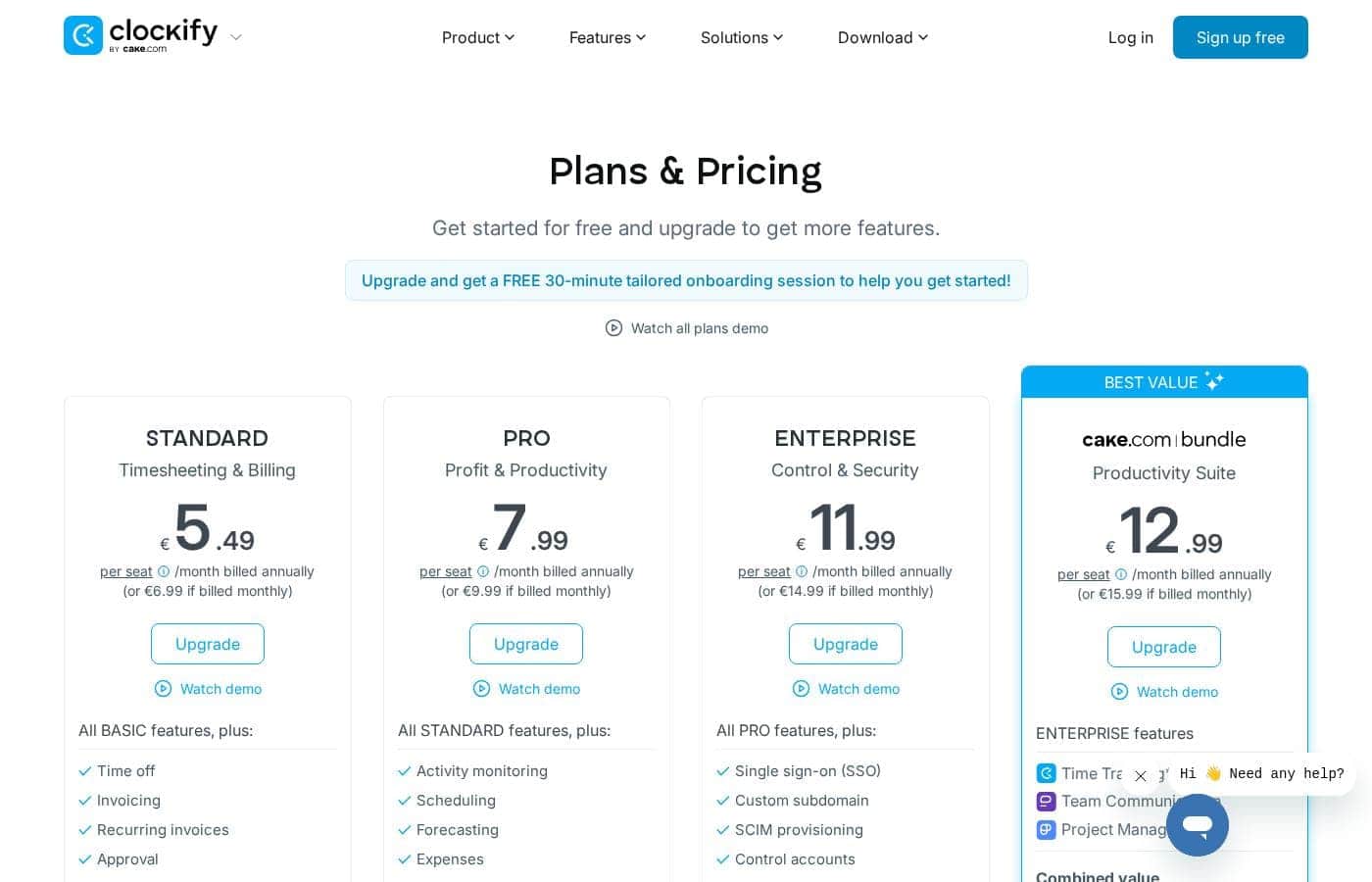 Captura de la página de precios de Clockify
