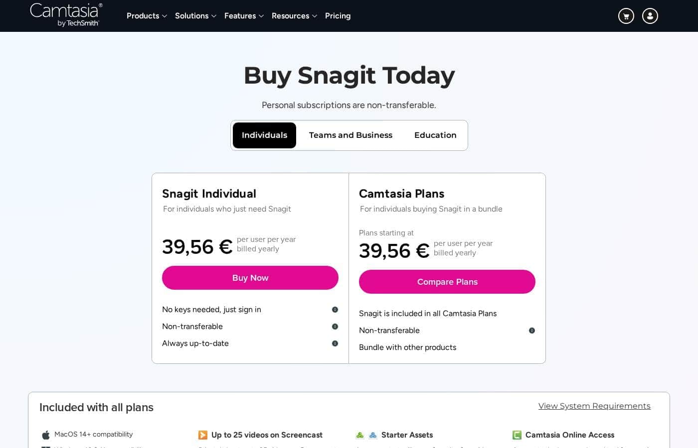 Screenshot della pagina prezzi di Snagit
