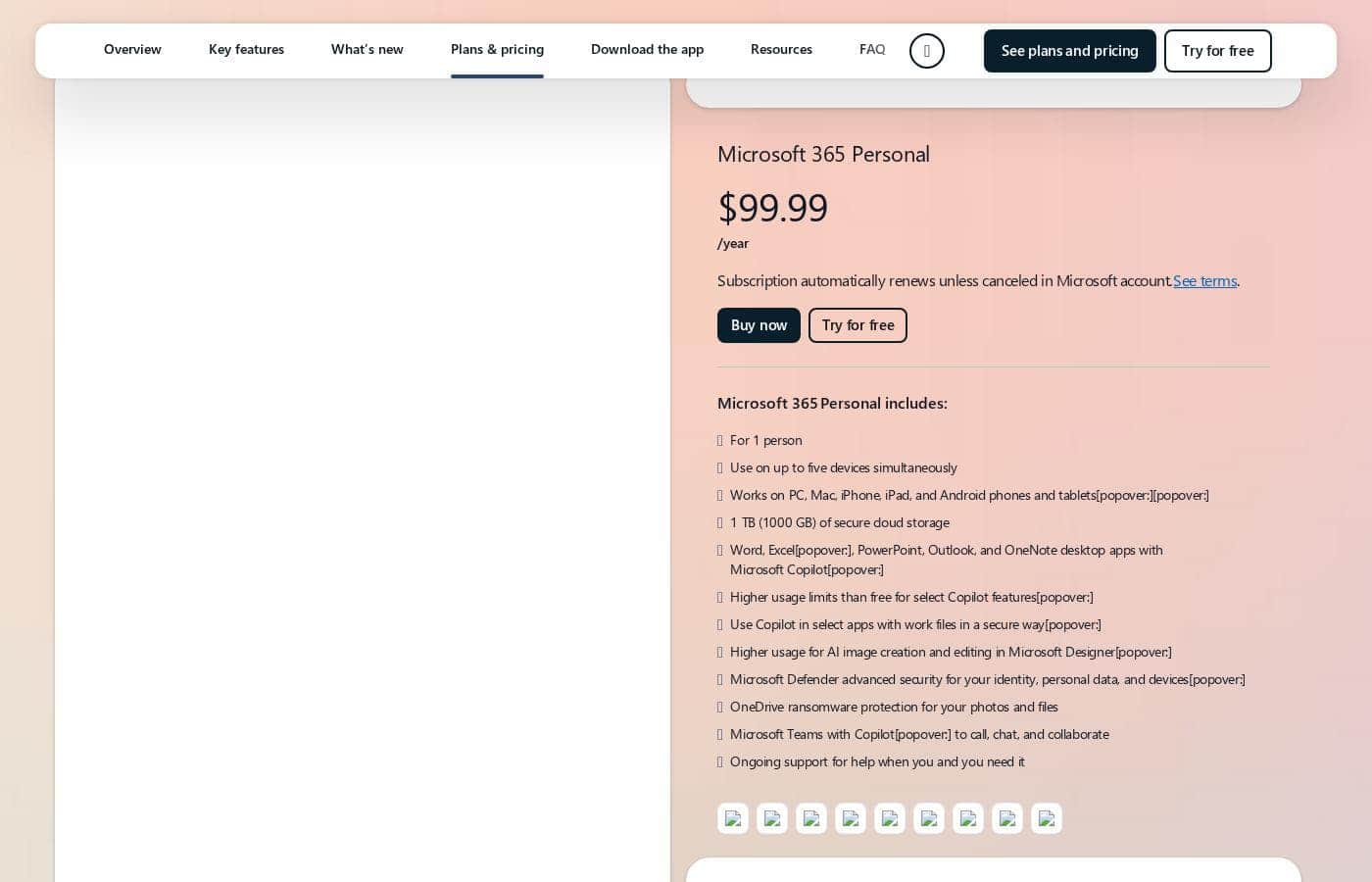 Microsoft PowerPoint pricing page screenshot