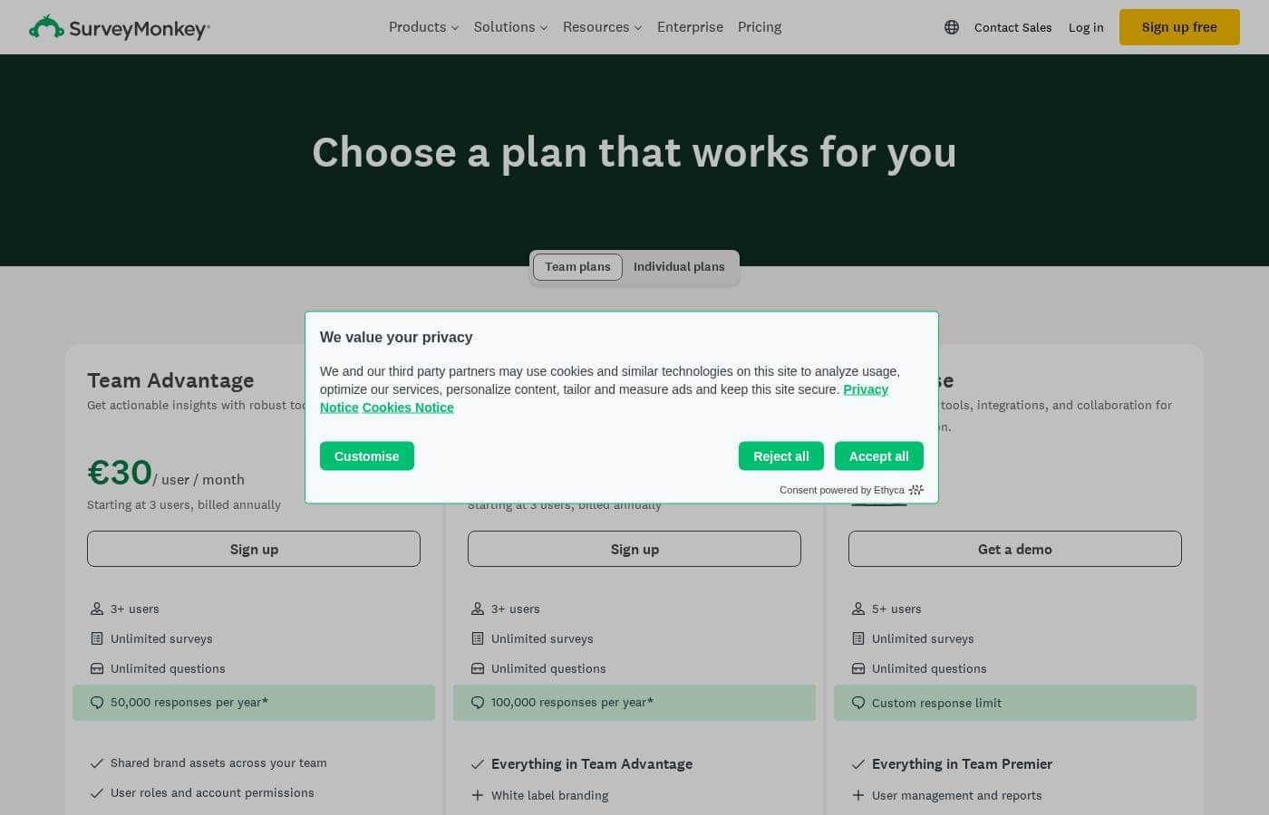 SurveyMonkey pricing page screenshot
