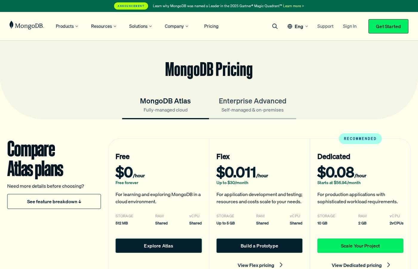 MongoDB pricing page screenshot