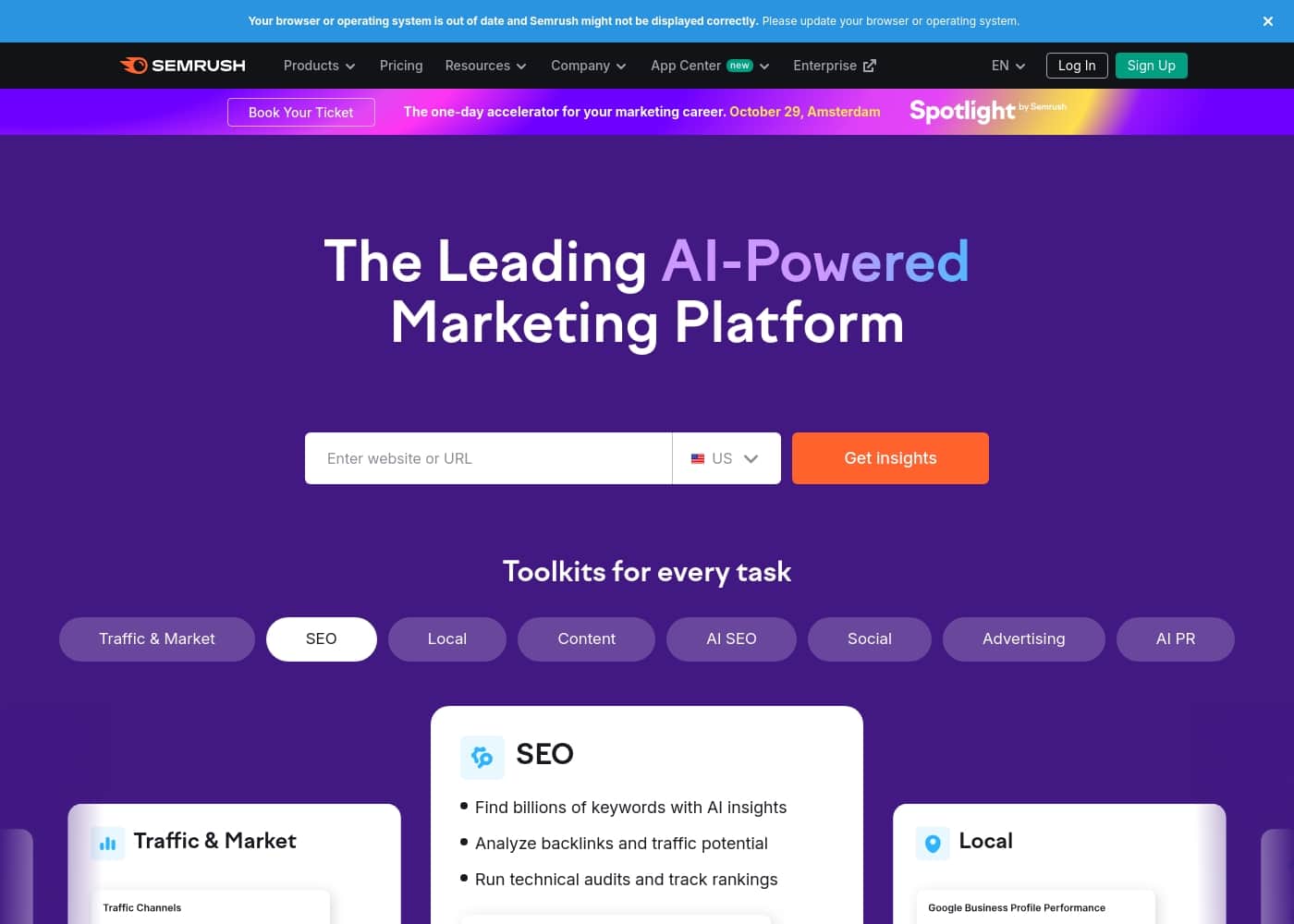 Screenshot della homepage di Semrush