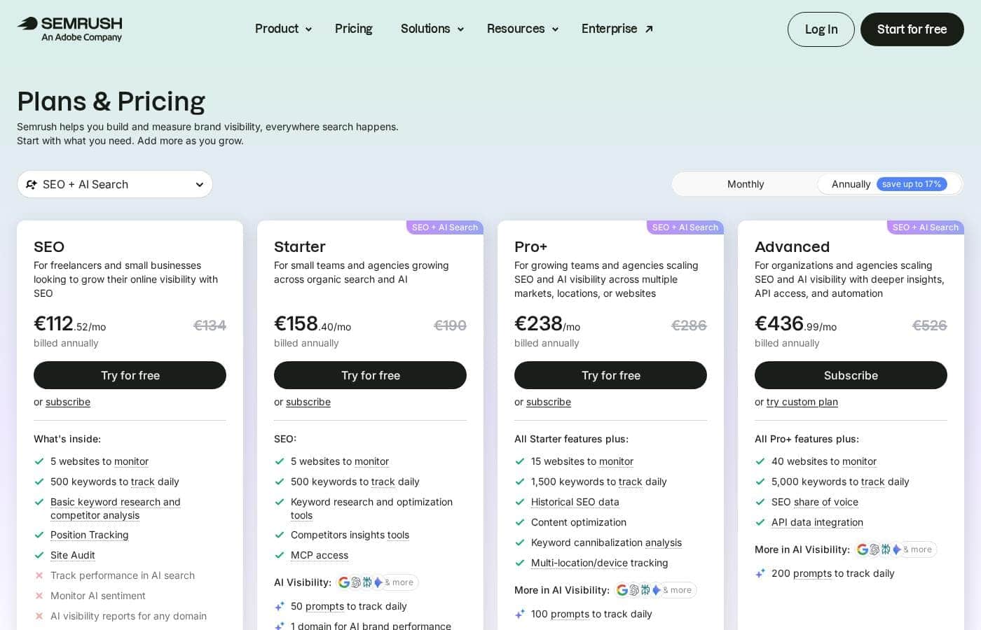 Semrush pricing page screenshot