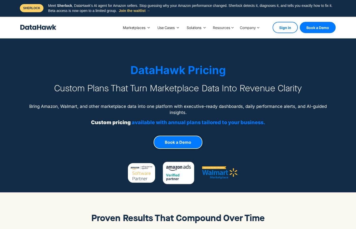 ภาพหน้าจอหน้าราคาของ DataHawk