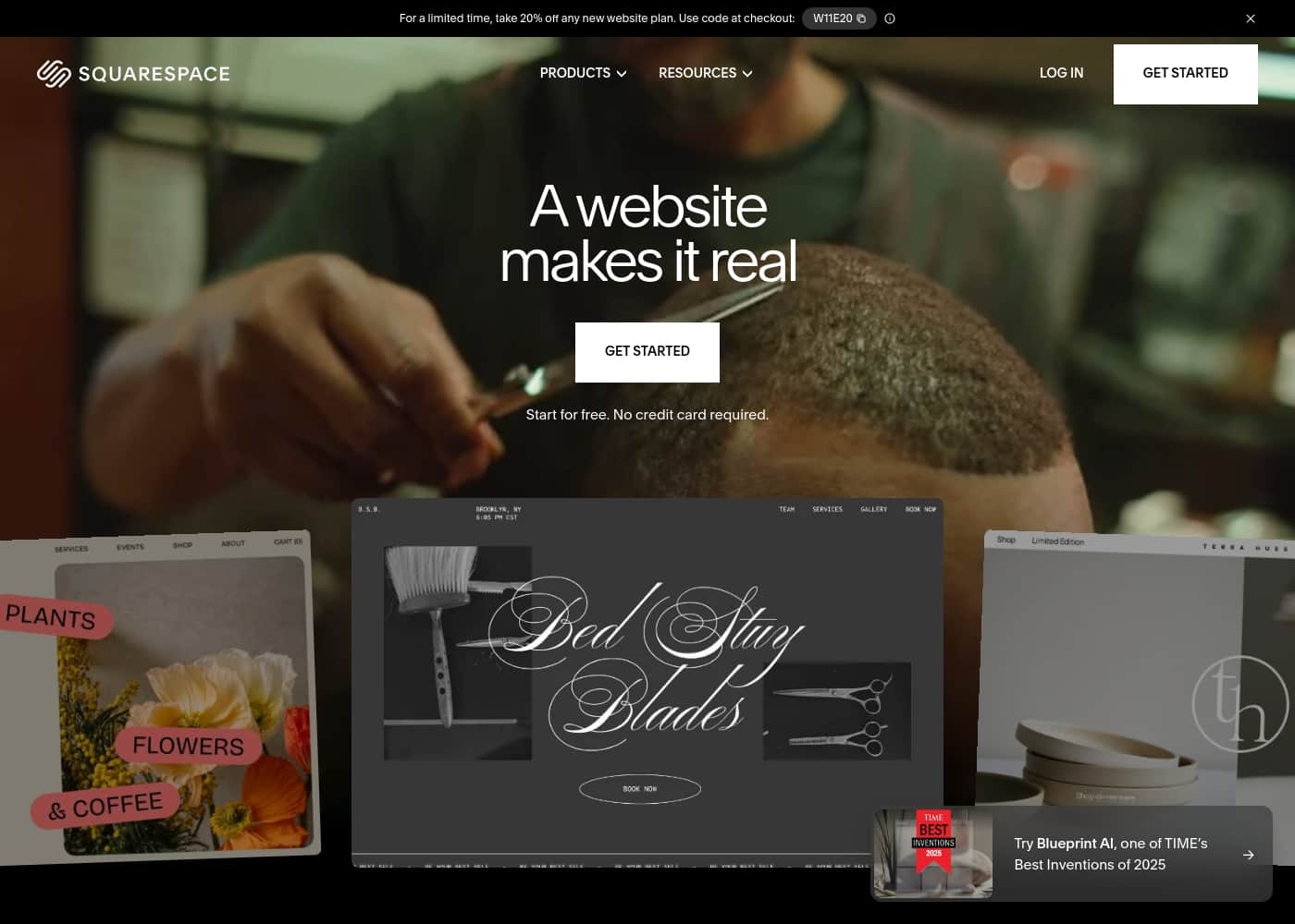 Screenshot della homepage di Squarespace