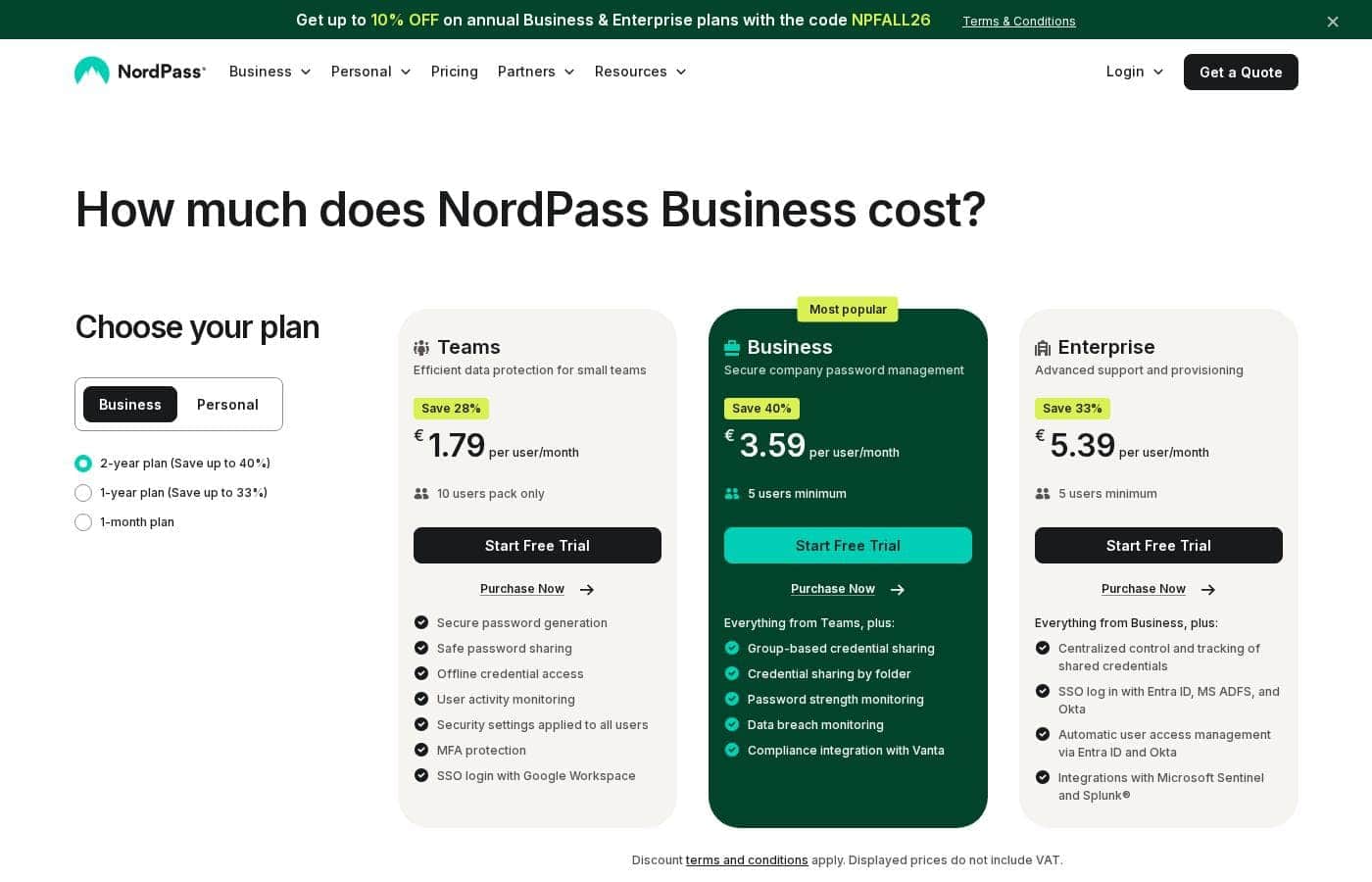 NordPass pricing page screenshot