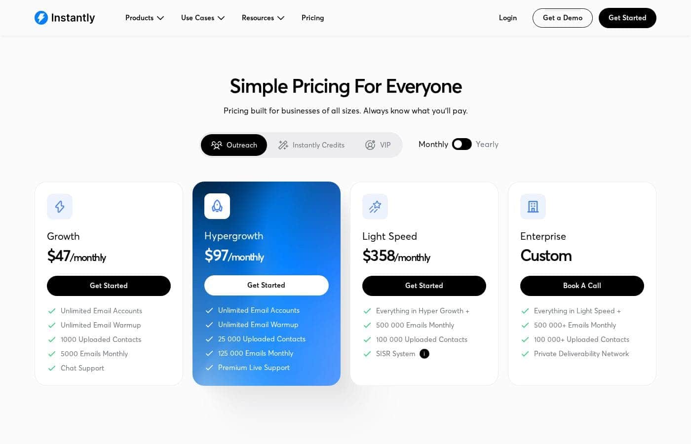 Instantly pricing page screenshot