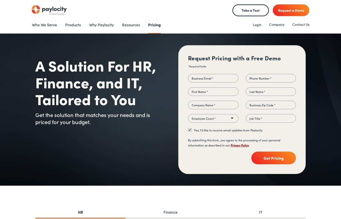 Paylocity pricing page screenshot