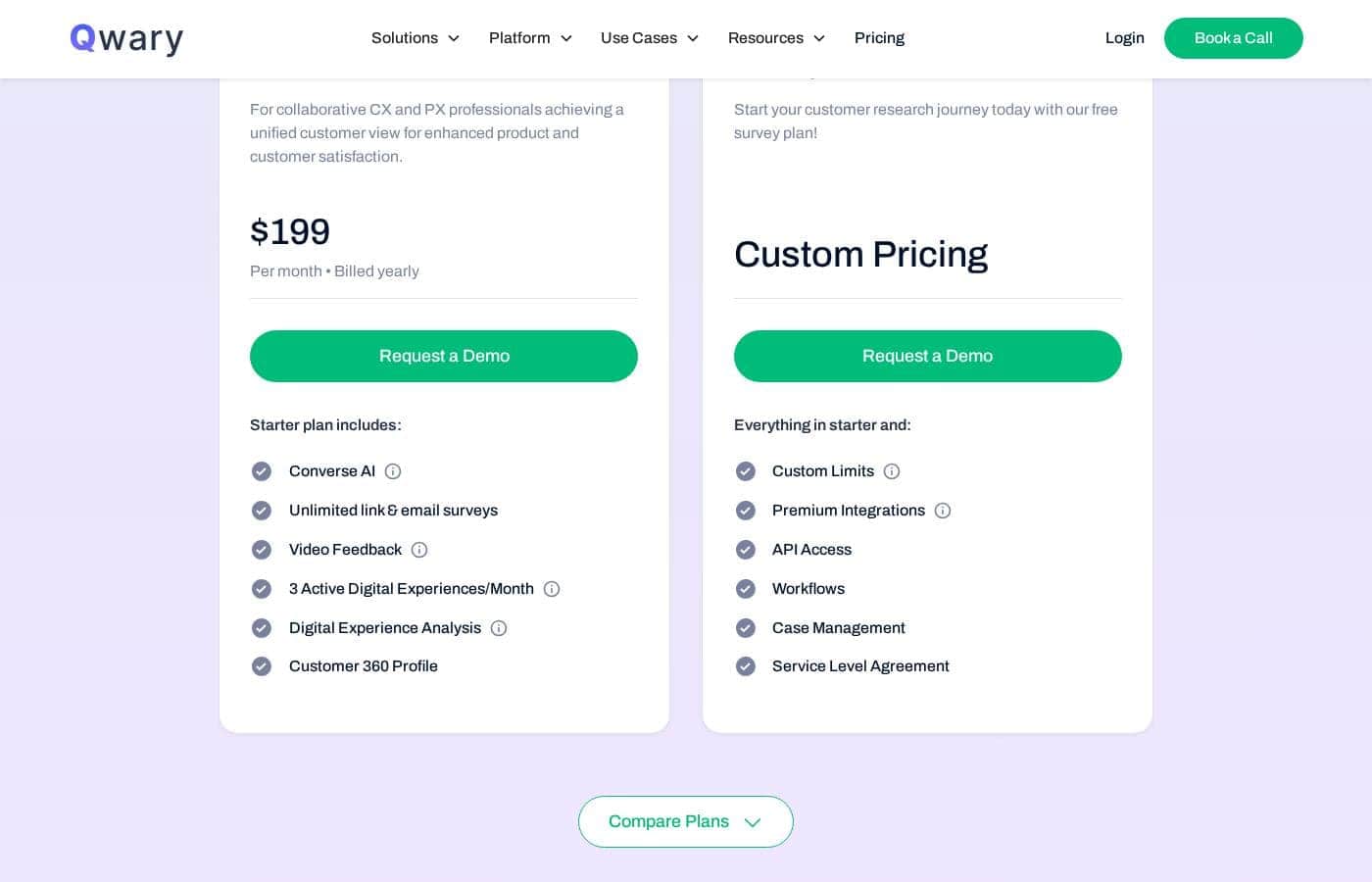 Qwary pricing page screenshot