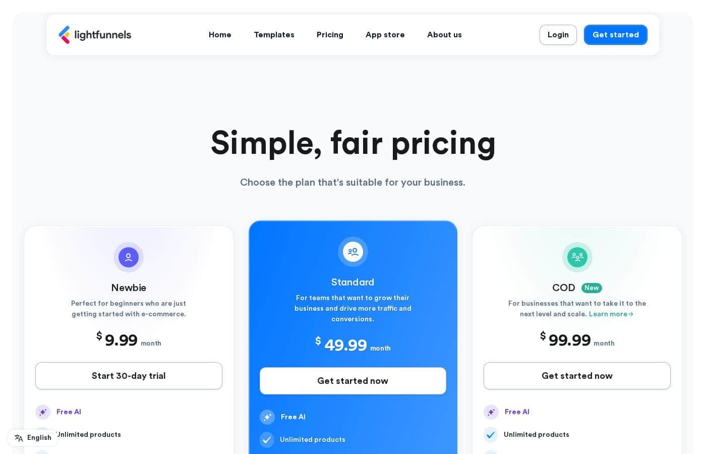 Lightfunnels 가격 페이지 스크린샷