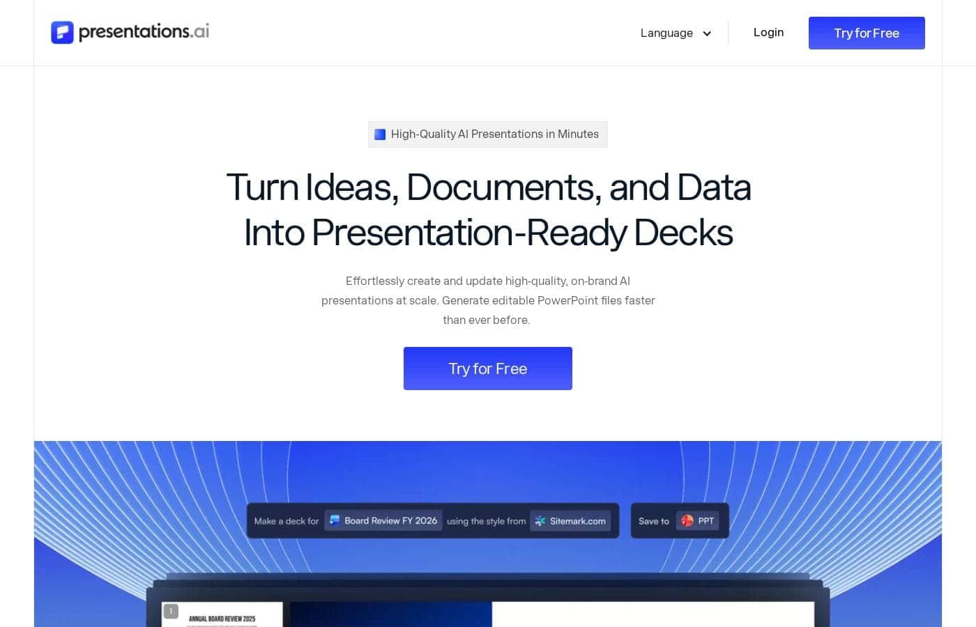 Screenshot della homepage di Presentations.AI