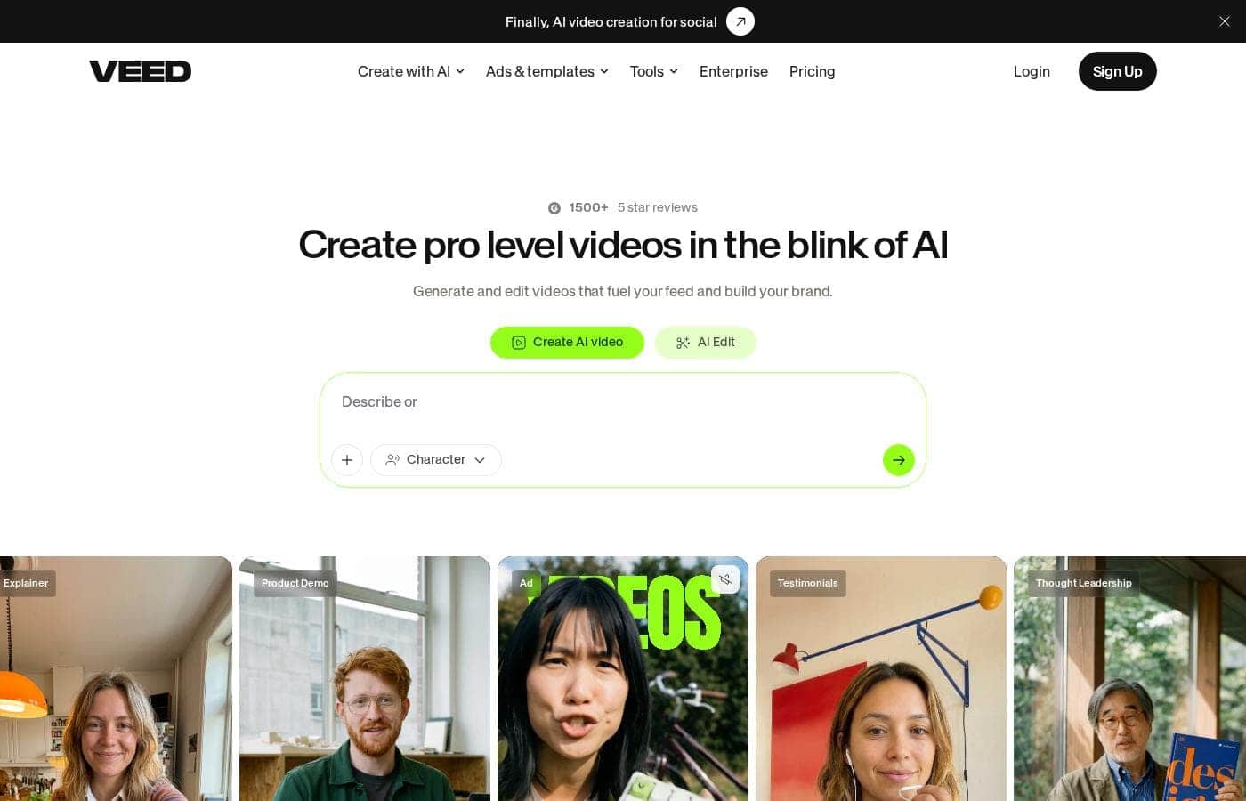 Screenshot della homepage di VEED