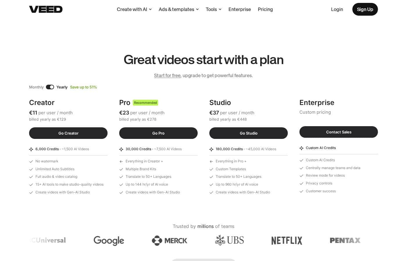 Screenshot della pagina prezzi di VEED