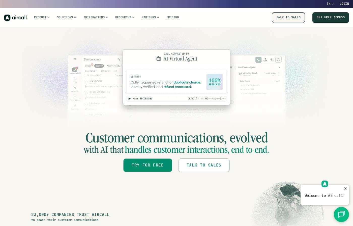 Aircall Inc. homepage screenshot