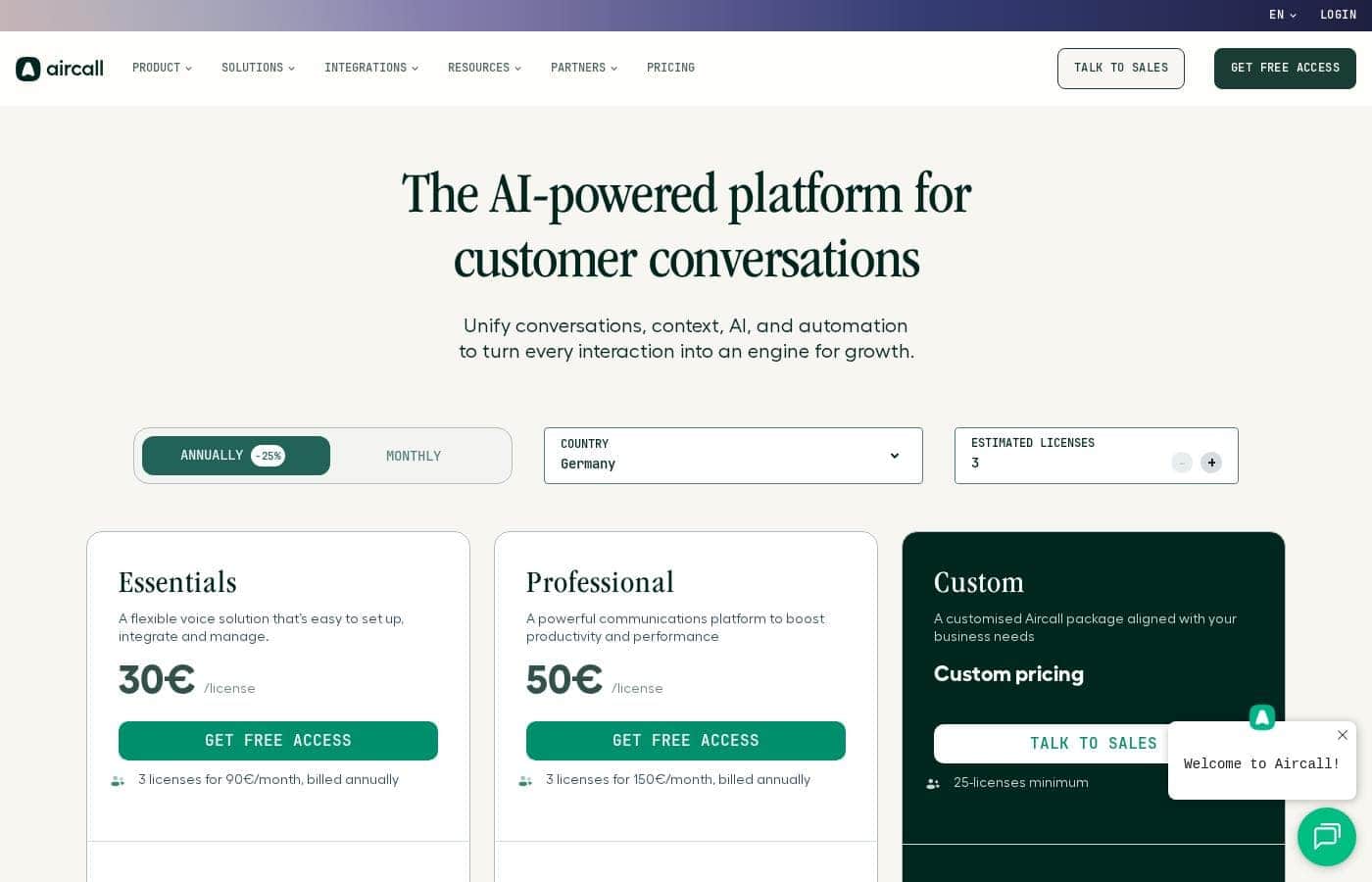 Aircall Inc. pricing page screenshot