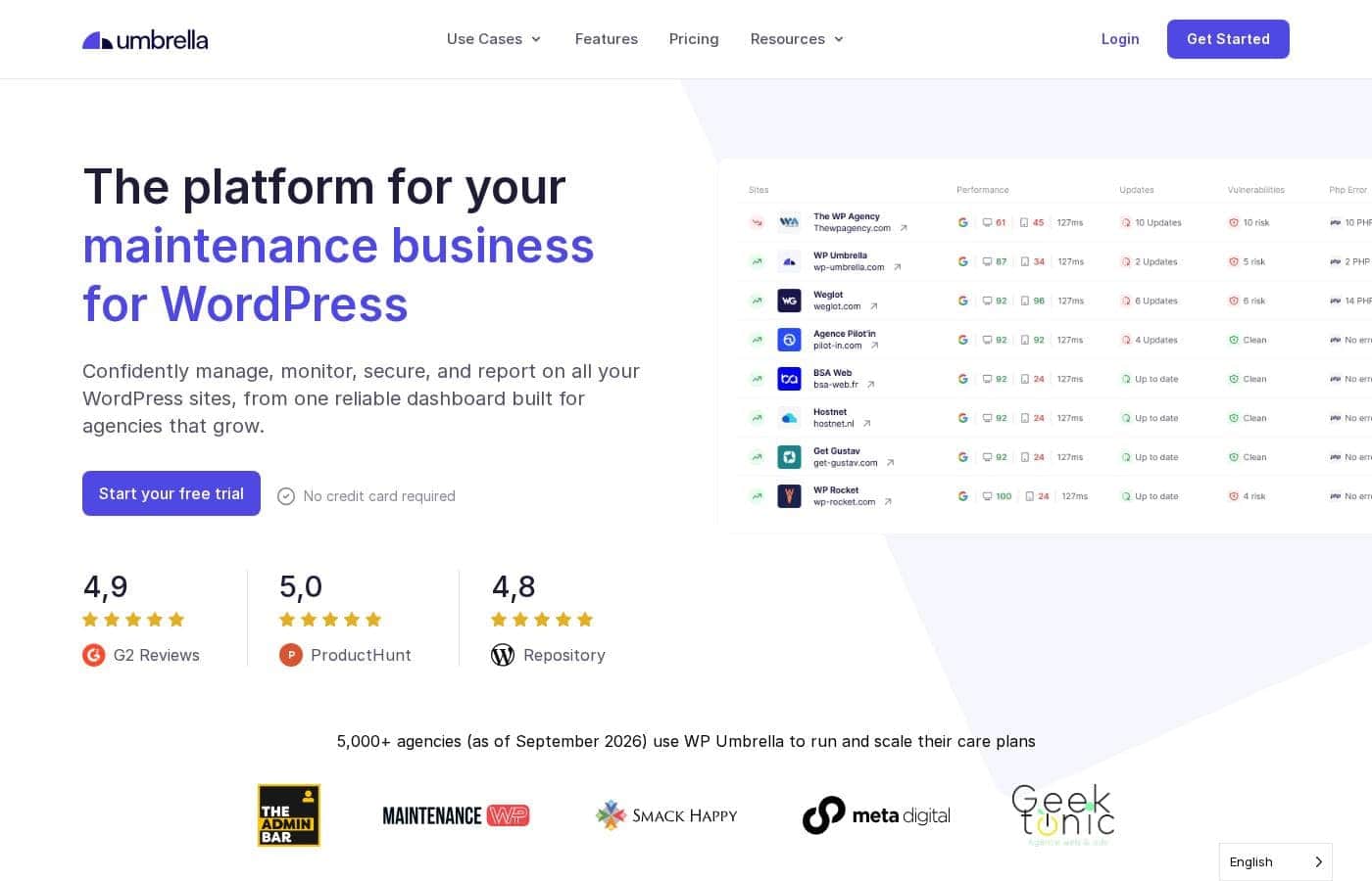 WP Umbrella homepage screenshot