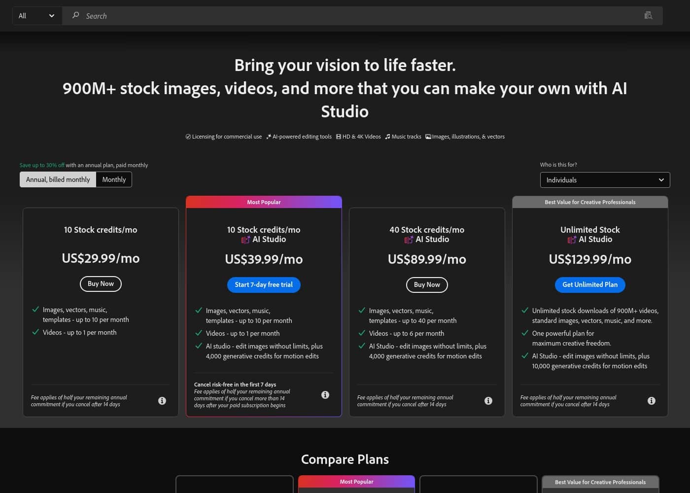 Captura de la página de precios de Adobe Stock