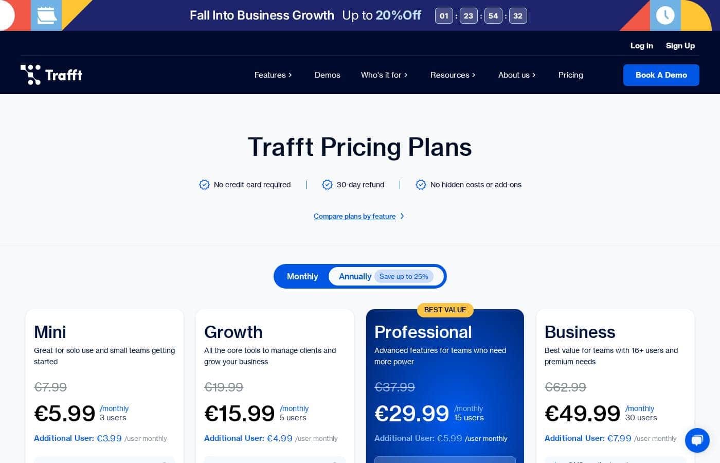 Screenshot der Preisseite von Trafft