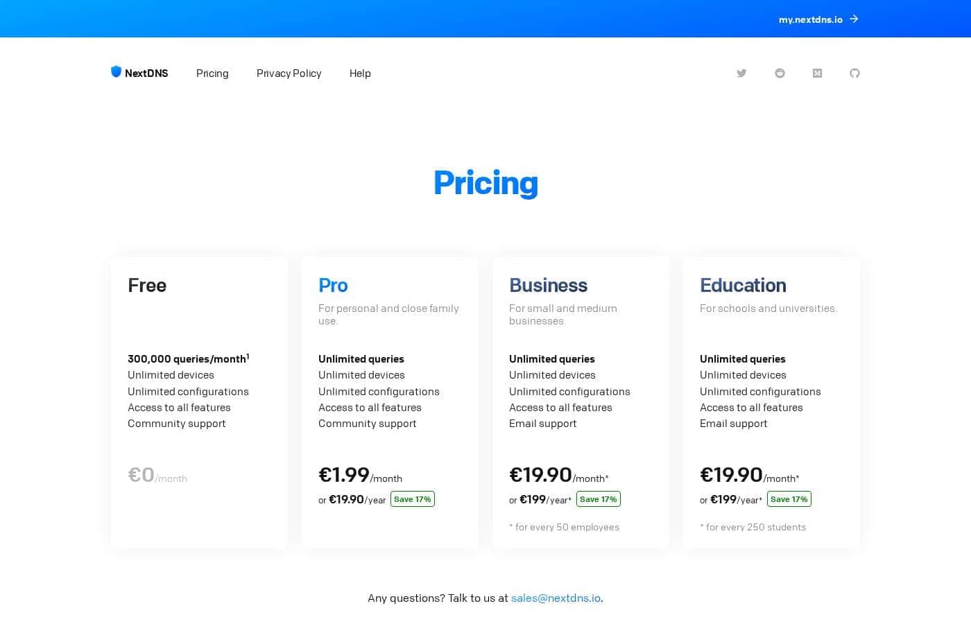 NextDNS pricing page screenshot