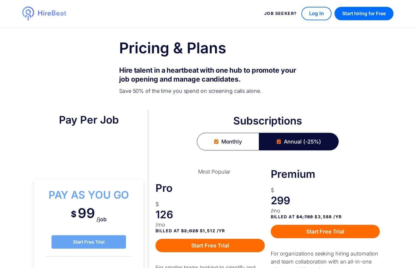 Screenshot der Preisseite von HireBeat