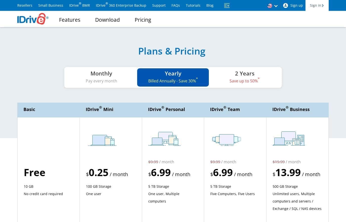 IDrive pricing page screenshot