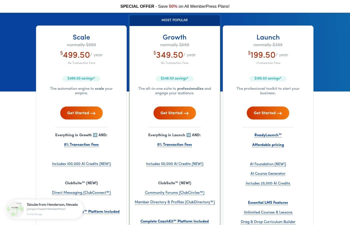 MemberPress pricing page screenshot
