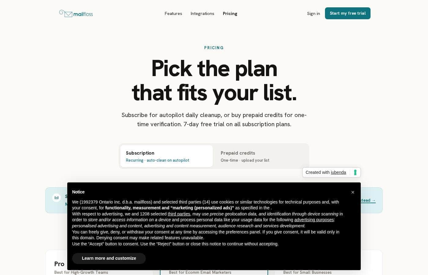 Mailfloss pricing page screenshot