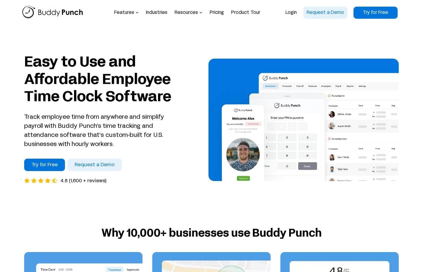 Captura de pantalla de la página de inicio de Buddy Punch